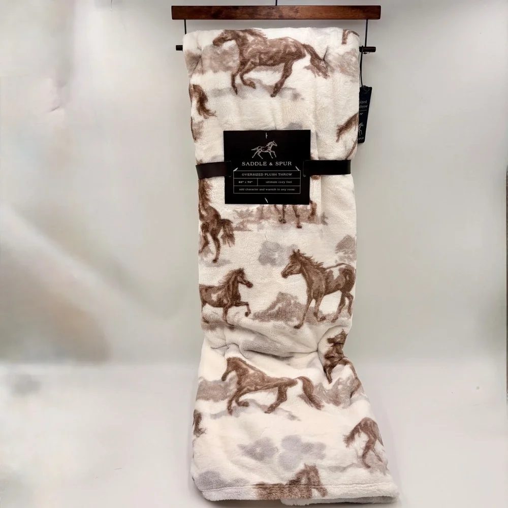 Saddle & Spur Oversized Plush Throw Blanket 60x70 Galloping Horse Brown Cream